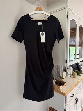 Black Short Sleeve Ruched Mini Dress by KAFFE